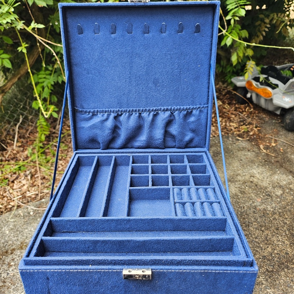 Two-Layer Jewelry Box Organizer Display Storage case with Lock (Deep Blue)
